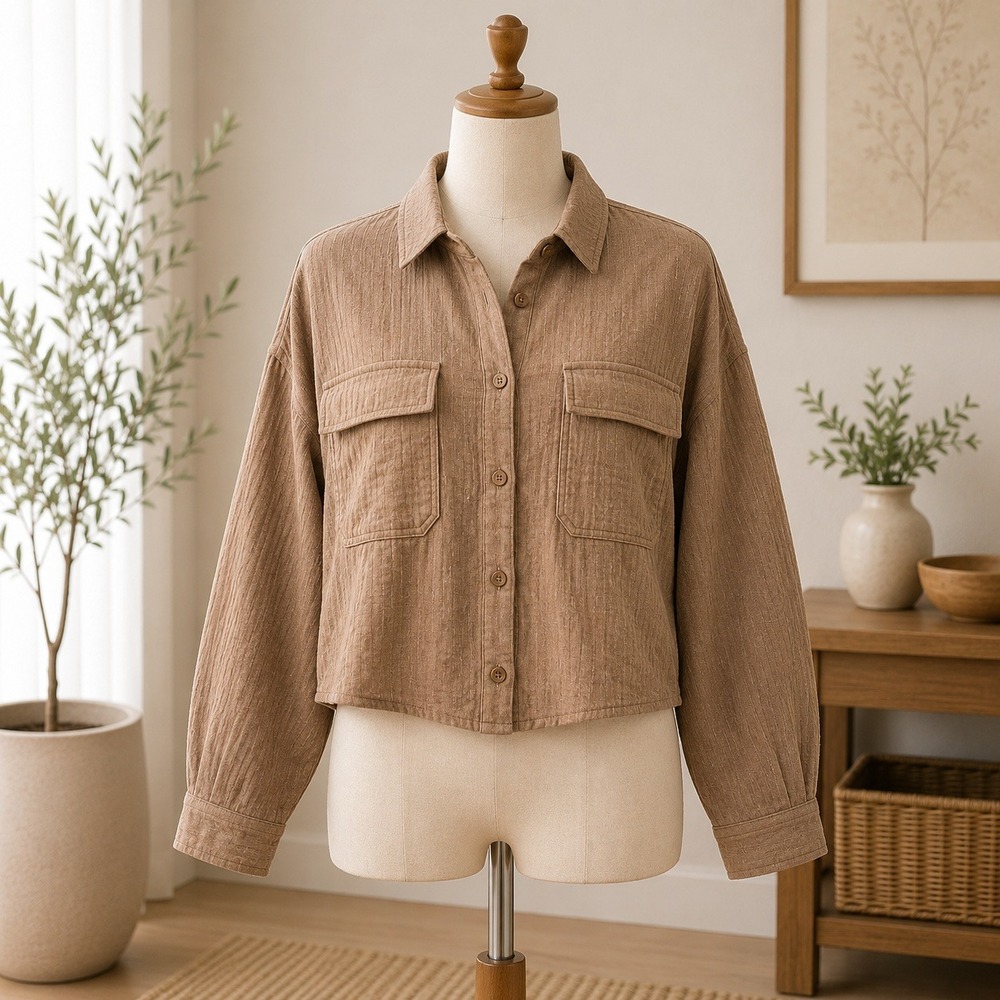 NWT Cupshe Corduroy Button Down Shirt Womens L Brown Long Sleeve Pocket Shacket